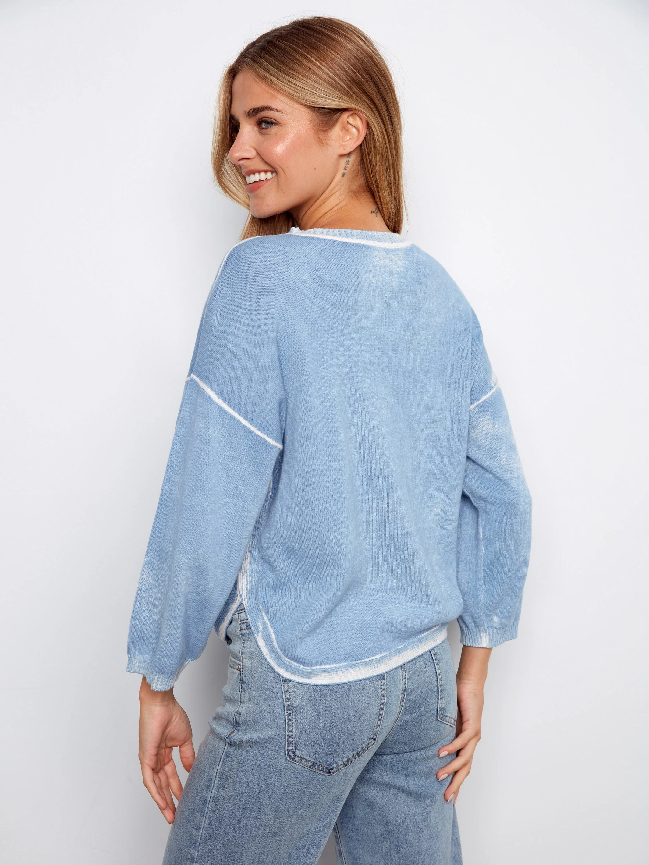 Rounded Hem Cotton Sweater - Light Blue