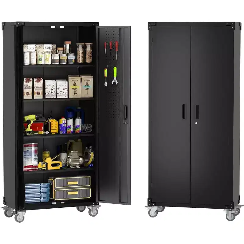 Metal Storage Cabinet with Wheels, Lockable Steel Garage Cabinet with Pegboard & 4 Adjustable Shelves, Deep Black