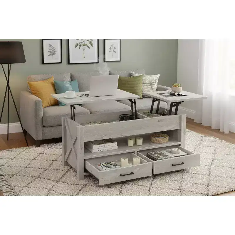 Dual Lift Top Coffee Table with Spacious Storage - Rustic Farmhouse Light Gray Multi-Functional Table for Living Room & Home Office