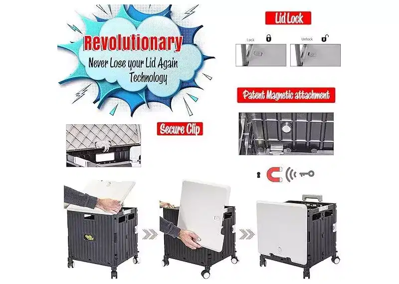 dbest products Quik Cart Swing Lid Four Swivel Wheeled Rolling Crate Utility With Seat Heavy Duty Collapsible Basket with Dual Telescopic Wagon Handle