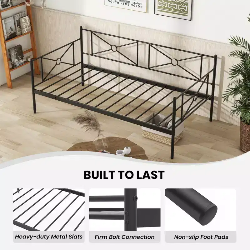 Twin Metal Daybed Frame with Slats, Classic Mattress Foundation Bed Sofa - White/Black