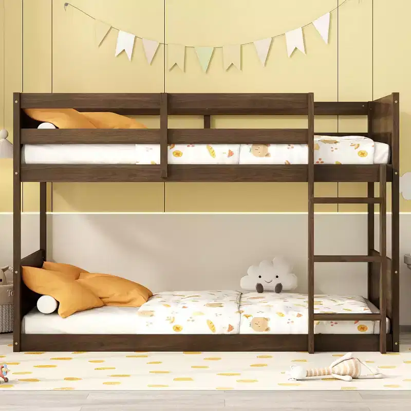 Floor Bunk Bed Twin over Twin with Headboard and Footboard for Kids Teens, Solid Wood Bunk Bed Frame with Ladder and Guardrail
