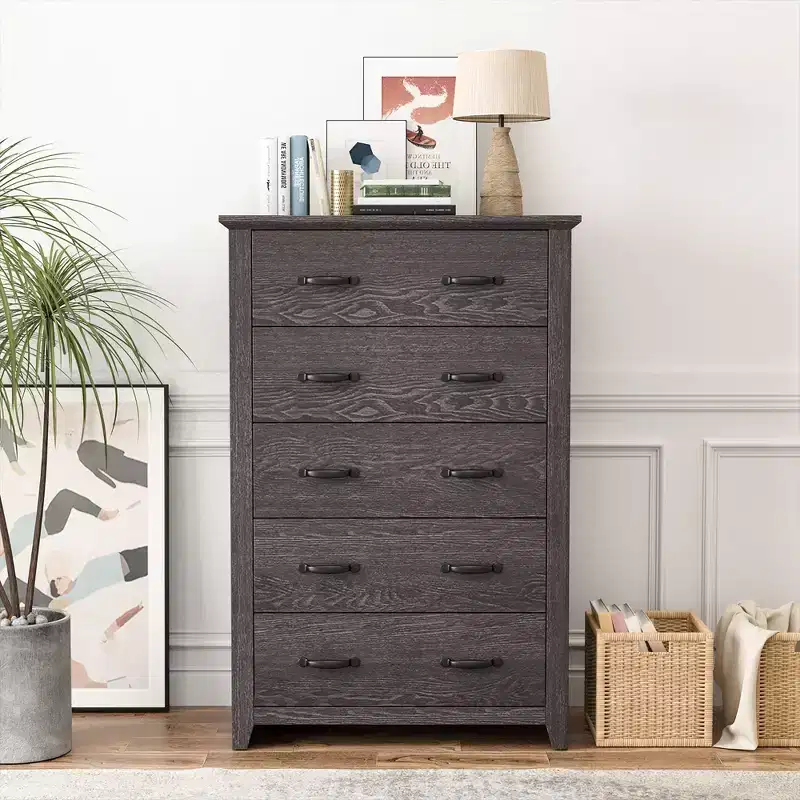 5 Drawer Chest Storage Dresser Tall Cabinet Organizer Bedroom Hallway Dark Grey/Walnut
