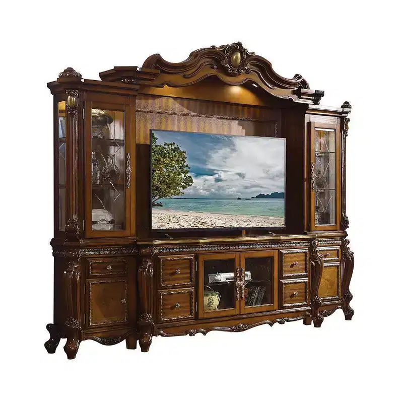 Picardy 115" Tv Entertainment Centers Honey Oak - Acme Furniture: Elegant Queen Anne Legs, Beveled Glass Doors, Touch Lighting