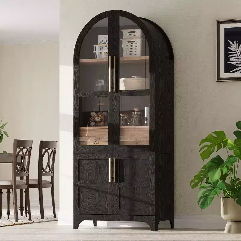 Okak 71 Wood Arched Kitchen Pantry Cabinet with 2 Drawers, Kitchen Storage Cabinets with Glass Door, Tall Cupboard for Kitchen/Dining Room