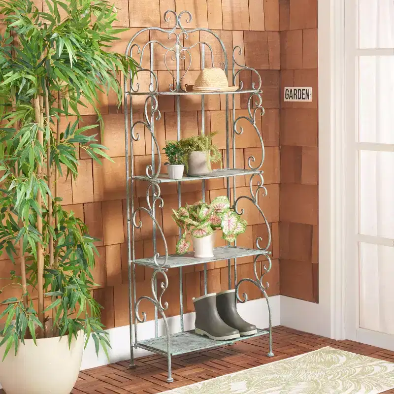 4-Tier Iron Shelf Unit, Indoor/Outdoor, Antique White, Cottage Style