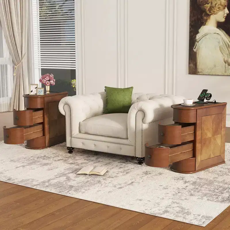 End Table with Charging Station, Sofa Side Table with Drawers, Accent Table Nighstand, No Assembly Required, Walnut - ModernLuxe