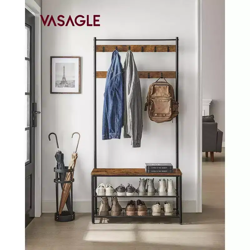 Coat Rack, Hall Tree with Shoe Storage Bench, Entryway Bench with Shoe Storage, Steel Frame, Rustic Brown and Black