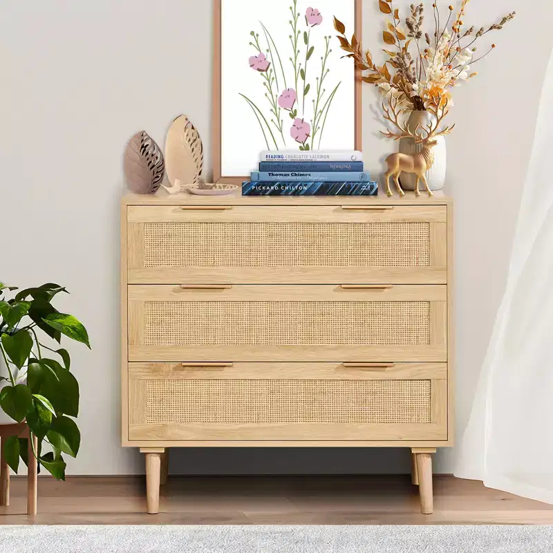 VEVOR 3 Drawer Rattan Dresser, Natural Rattan Closet Dresser with 3 Drawers, Modern Wood Chest Clothing Organizer & Storage Boho Dresser, Wood Color