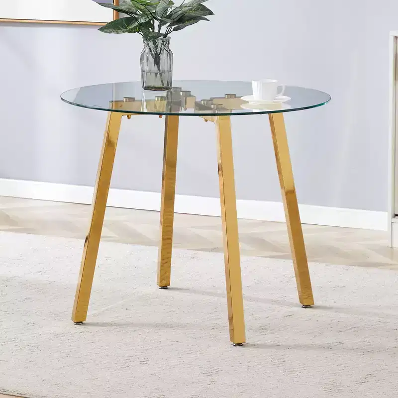 Modern Round Dining Table, Tempered Glass Top, Gold Metal Legs, Seats 4, 36