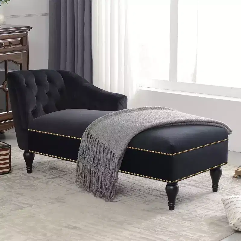 58 Velvet Chaise Lounge, Button Tufted Right Arm Facing Sleeper Lounge Chair with Nailhead Trim & Solid Wood Legs Black-ModernLuxe
