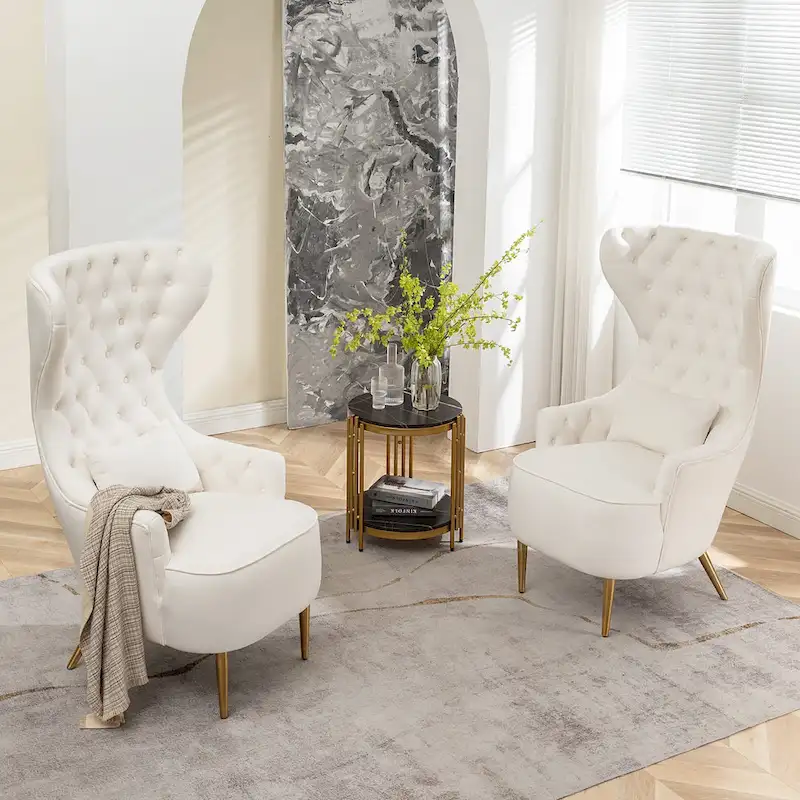 KINWELL Tufted High Wingback Accent Chairs Velvet Armchairs, Set of 2