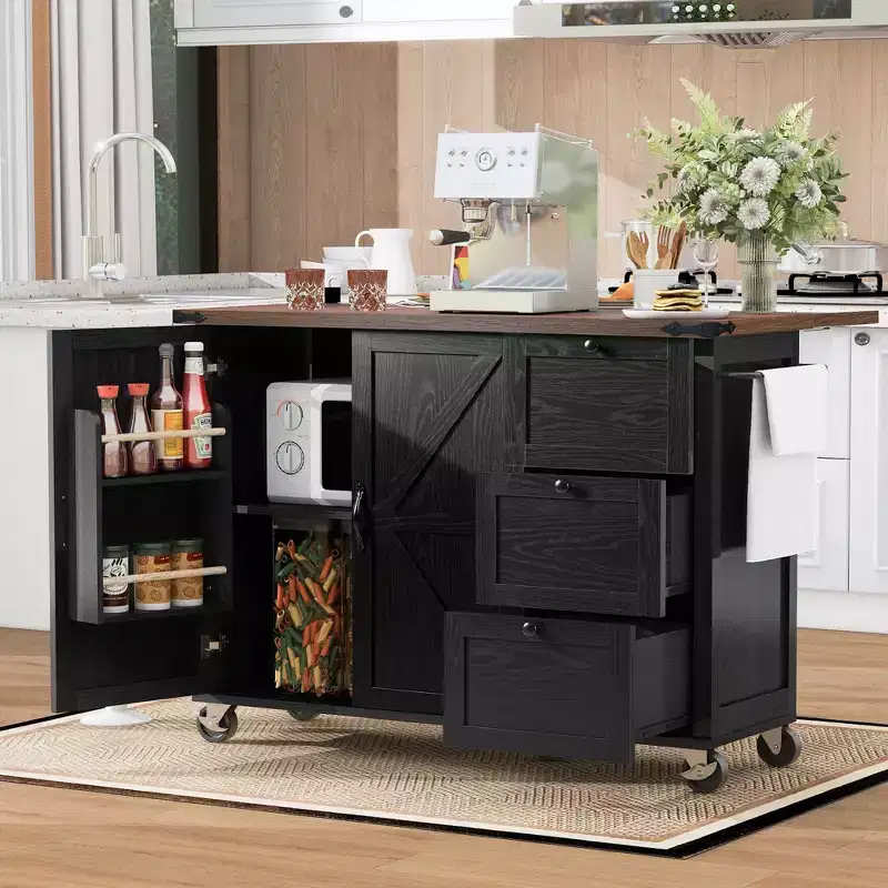 54.5 Black Farmhouse Kitchen Island with Drop Leaf, Rolling Kitchen Cart on Wheels for Home Kitchen Dining Room
