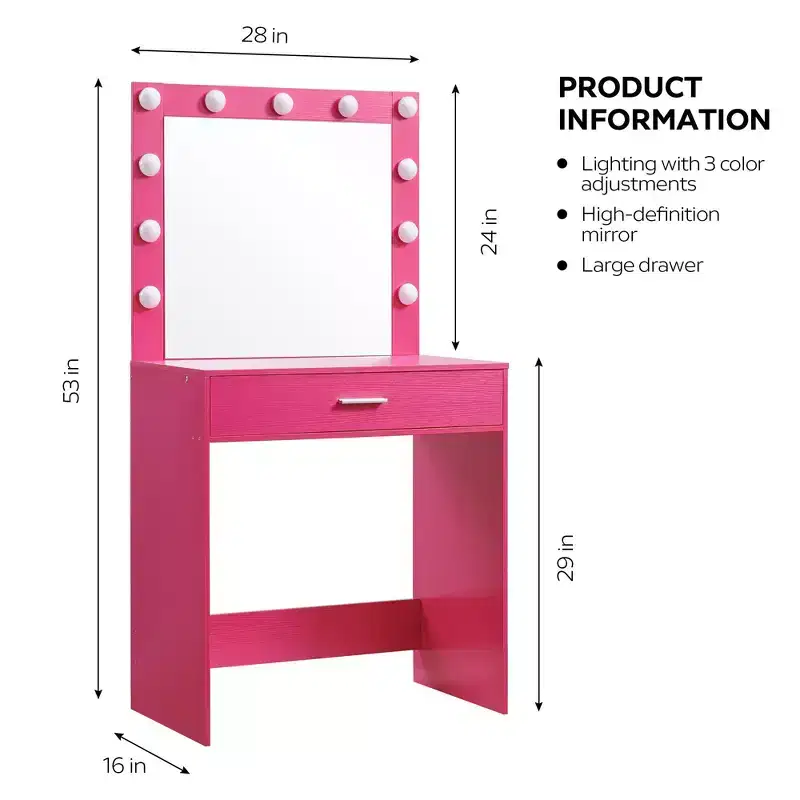 Okak Vanity Table with Spacious Drawers and Lights,Vanity Stool Set with Storage Compartment and 3-Level Adjustable Brightness Lighting,Pink