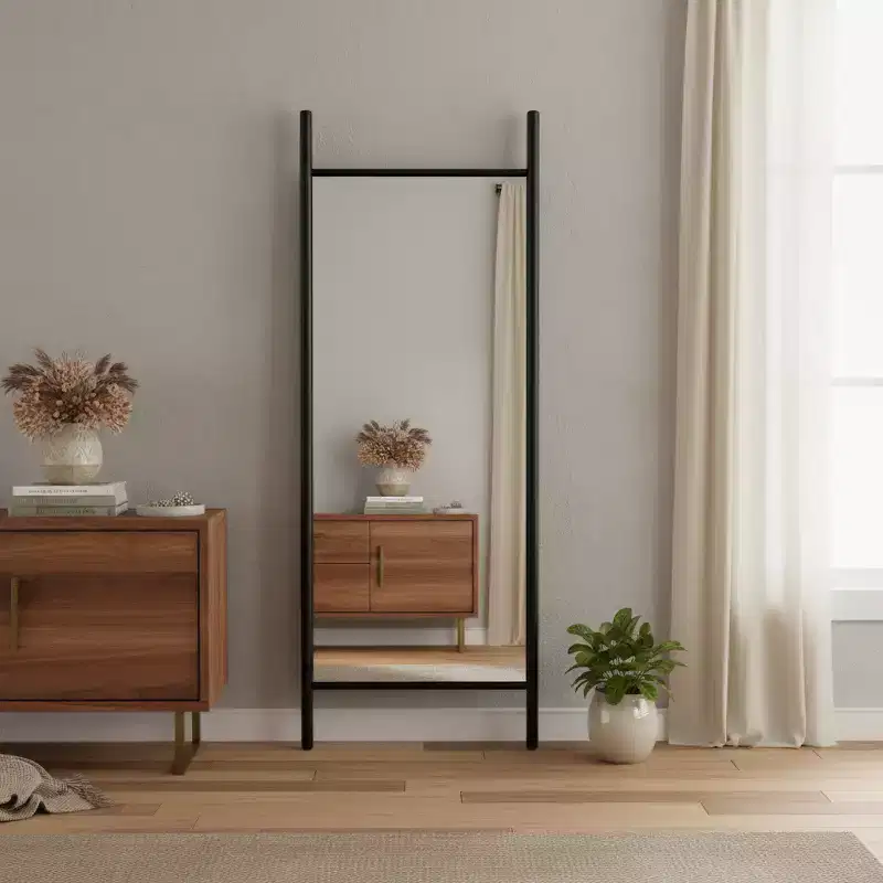 HomeRoots 63 Black Wood Leaning Ladder Framed Full Length Mirror