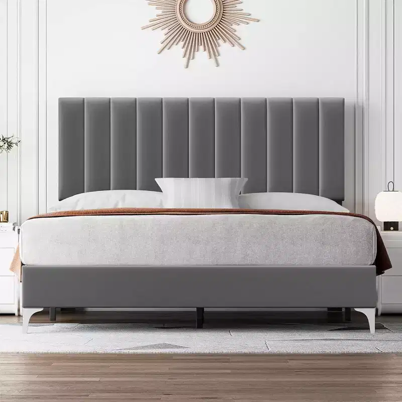 Whizmax Bed Frame Modern Velvet Upholstered 11 Inch Bed Frame with Headboard No Box Spring Needed, Gray