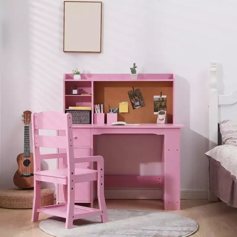 Kids Study Desk and Chair Set for Boys and Girl, Wooden Kids Writing Table with Bookshelf, Bulletin Board, Cabinet and Drawer for 3-8, Pink