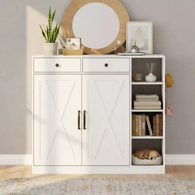 Modern Farmhouse Entryway Storage Cabinet, 6 Adjustable Shelves, 2 Drawers, for Hallway, Living Room