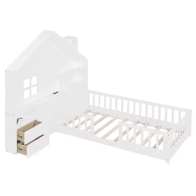 Twin Platform Bed with Storage Drawers, USB Charging Station & Windowed House Headboard