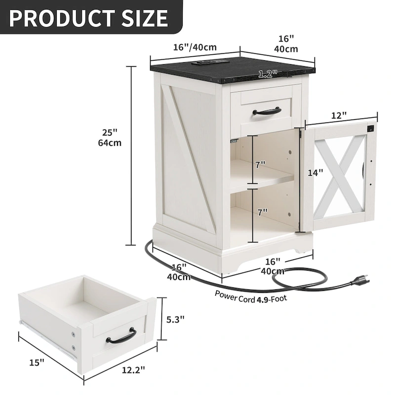 Moasis Set of 2 End Table with Drawer and Power Outlet, LED Light Side Table with Charging Station