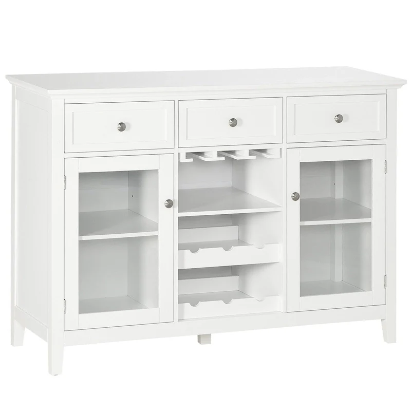 Coffee Bar Cabinet with 3 Drawers, Wine Rack, Stemware Racks & Glass Door