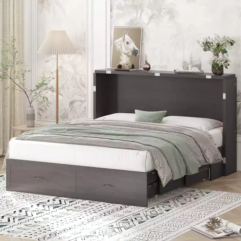 Mjkone Queen Murphy Bed with Charging Station,Space-Saving Cube Cabinet Foldable Bed with Mattress