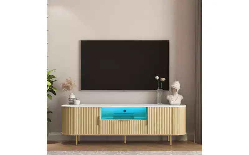 TV Stand for Living Room, Modern TV Consoles with Power Outlet, Entertainment Center w/Door Cabinets & Open Shelves for Living Room, Bedroom