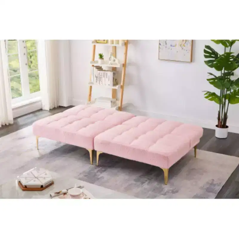 71 Convertible Sofa Bed Futon With Gold Metal Legs Teddy Fabric