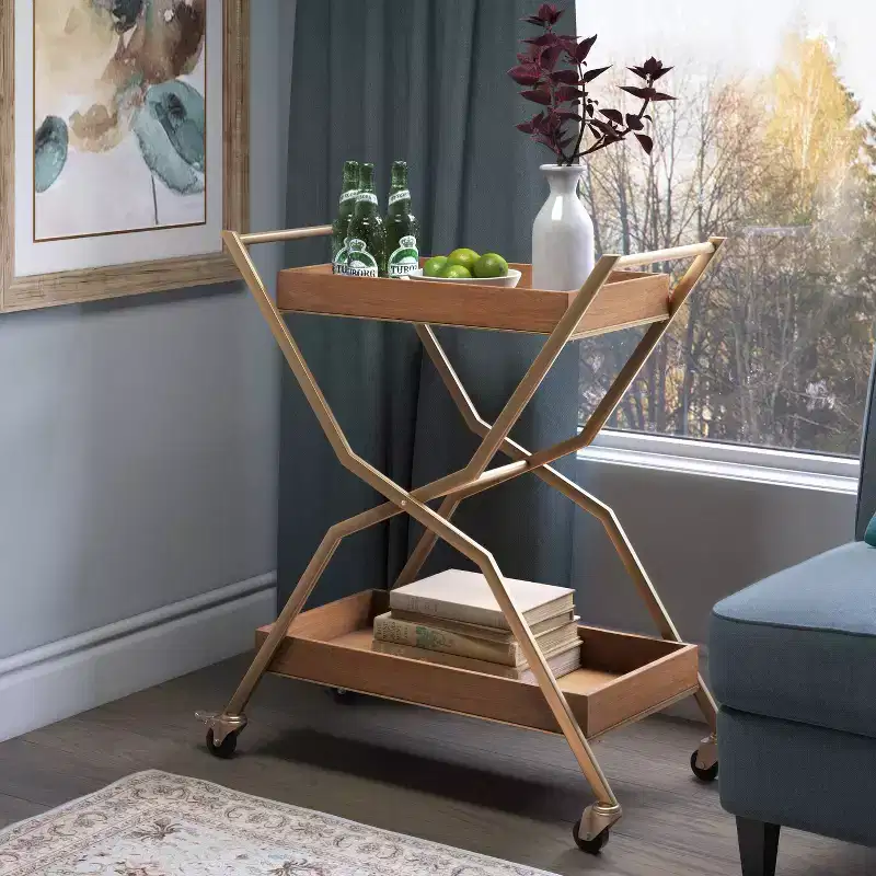 Jolie Bar Cart Gold - Adore Decor: Modern Steel Frame, Rubberwood Surface, Indoor Beverage Serving Cart