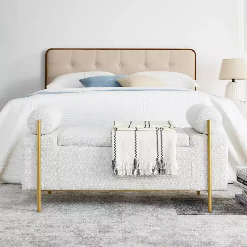GDFStudio Beryl 44'' Storage Bench with Cylindrical Armrests and Gilded Legs