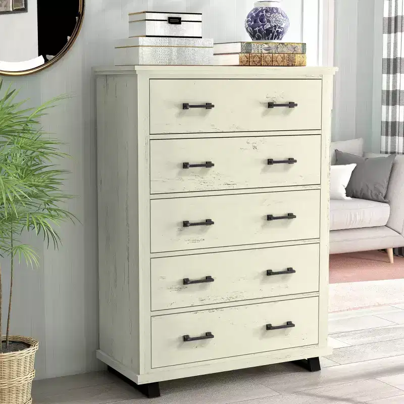 38" Wide Chest of 5 Drawers with Stylish Metal Wood Grain Handles Saw Cut Off White - Festivo: Modern Farmhouse MDF Storage Organizer