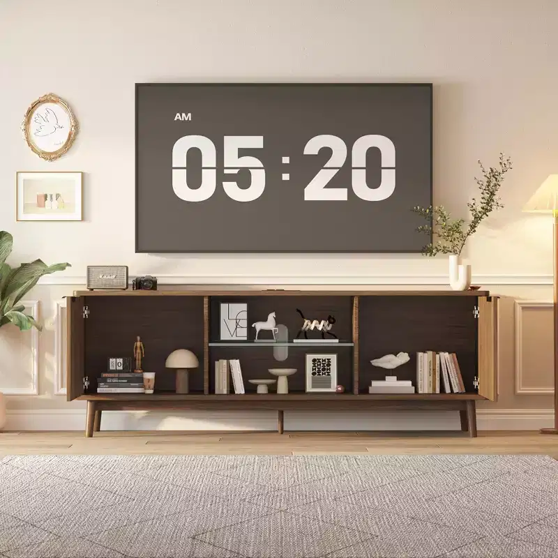 Modern 63'' Black TV Stand with Power Outlets  Adjustable Shelf  Spacious Storage Entertainment Center Console for Living Room or Bedroom