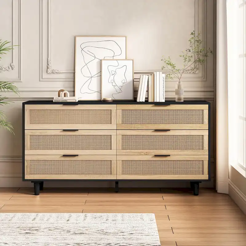 59.066-Drawers Rattan Storage Cabinet Rattan Drawer,for Bedroom,Living Room, Black
