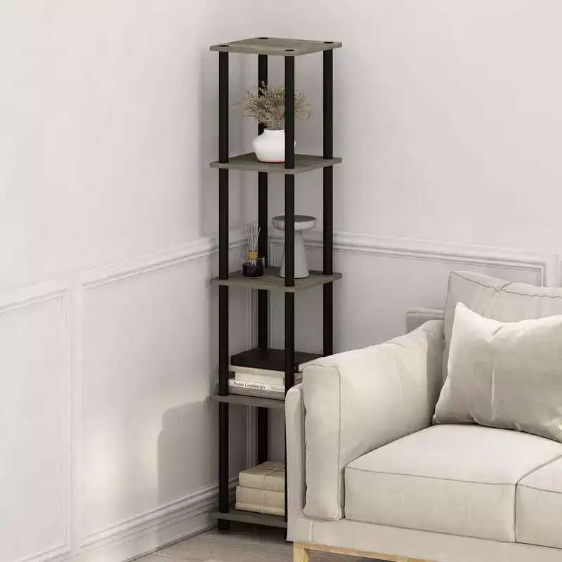 5-Tier Corner Bookshelf with Anti-Tipping Display Rack, French Oak/Black