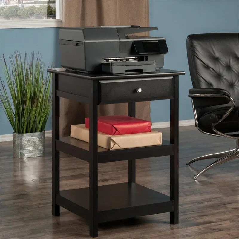 Desk-Side Printer Stand with 2 Shelves & 1 Drawer – Walnut / White / Black, Composite Wood
