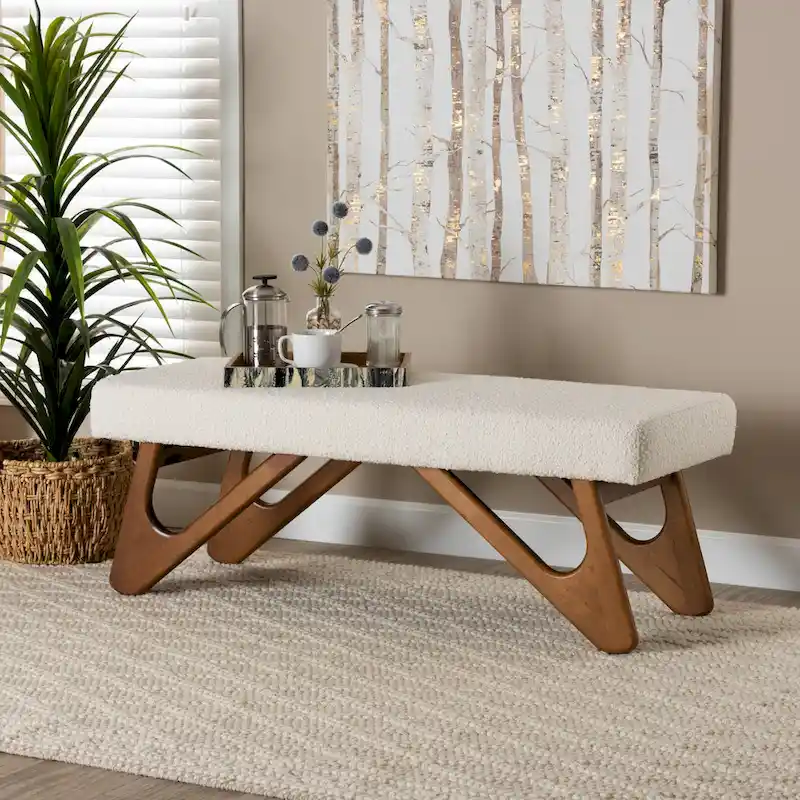 Cream Boucle Upholstered Bench with Boomerang Walnut Legs – Retro Minimalist