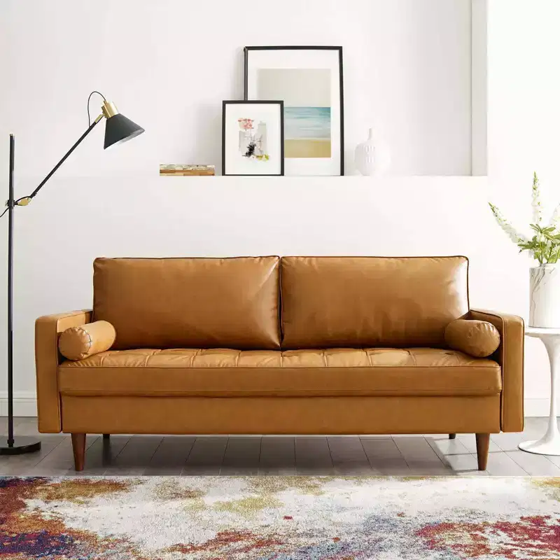 Mid-Century Modern Faux Leather Sofa Tan Seats 4