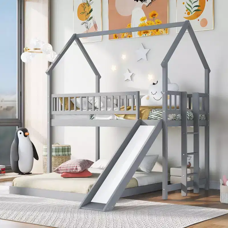 Whisen House Roof Design Twin over Full House Bunk Bed with Slide and Built-in Ladder