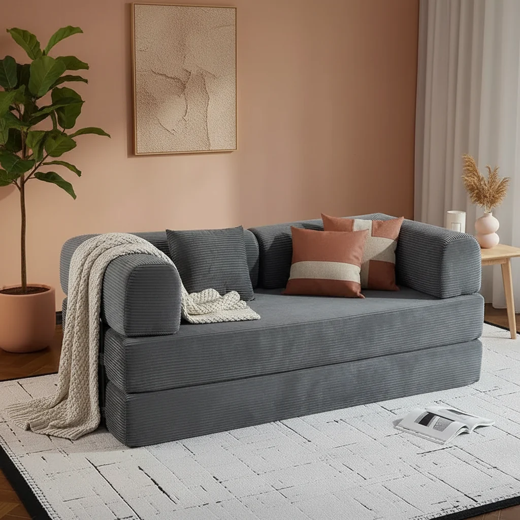 Convertible Sofa Bed with Cylindrical Pillow and Corduroy Foldable Mattress