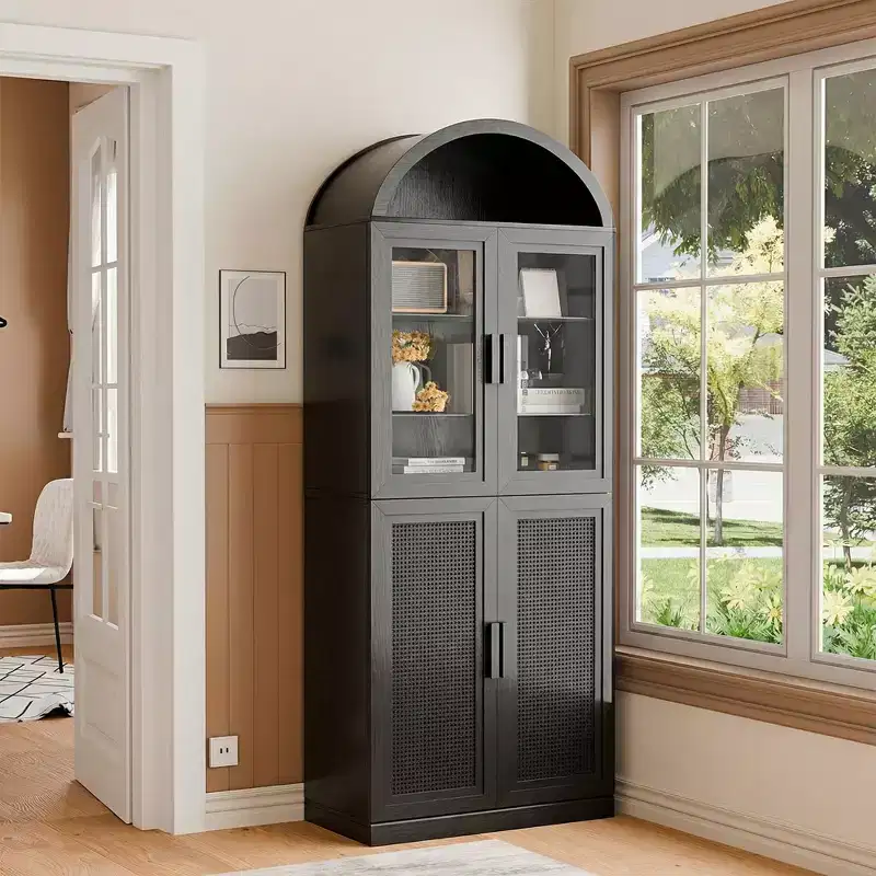 Arched Display Cabinet Freestanding Storage Cabinet with Glass & Rattan Doors Adjustable Shelves for Living Room Office Kitchen Dining Room