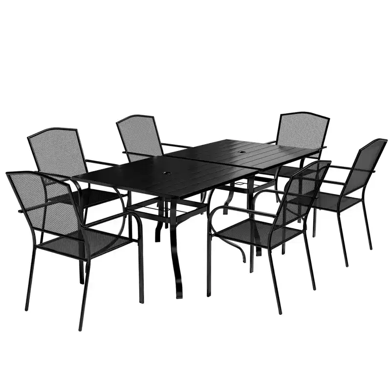 CLIHOME 8-Piece Outdoor Dining Set, 2 Square Table With Umbrella Hole & 6 Mesh Chairs Patio Set