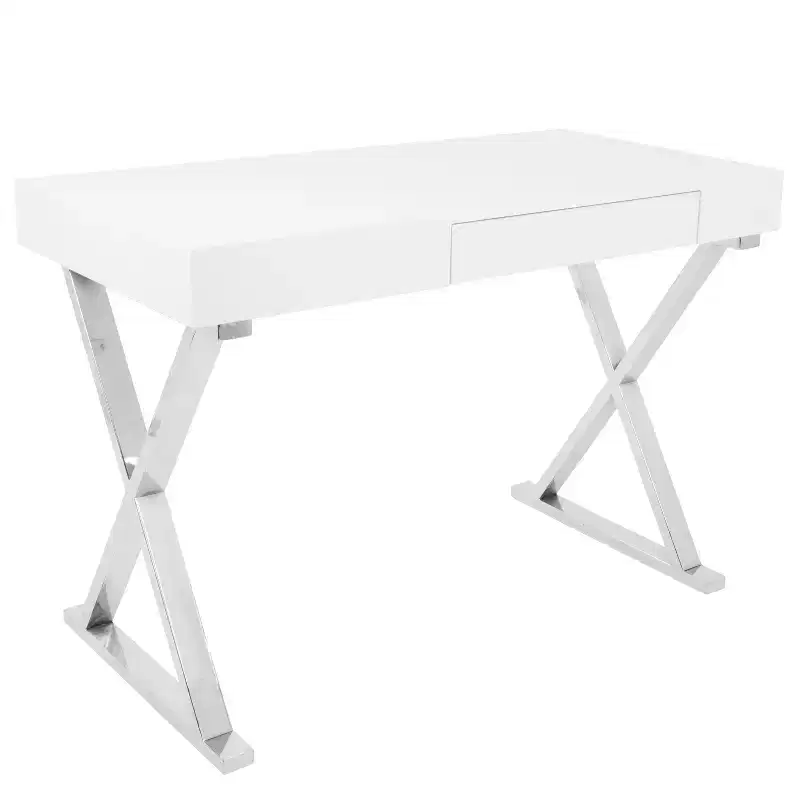 Luster Contemporary Desk White - LumiSource: Chrome X-Legs, MDF, Gloss Finish, Pullout Drawer