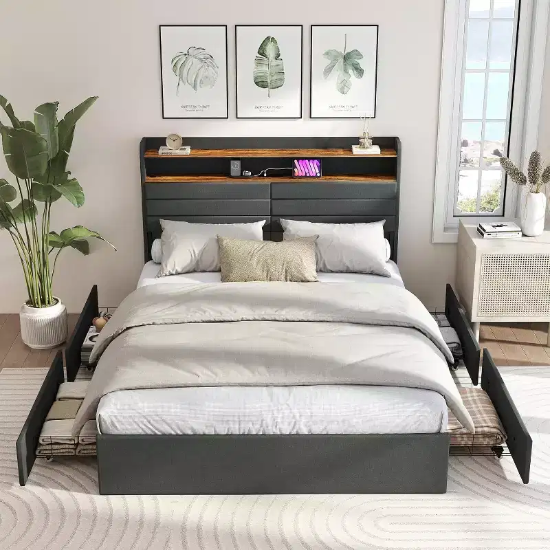 Full Bed Frame with 4 Storage Drawers, Full Size Upholstered Bed Frame with Headboard, LED, Sturdy Metal Slat Support, No Noise, Dark Gray