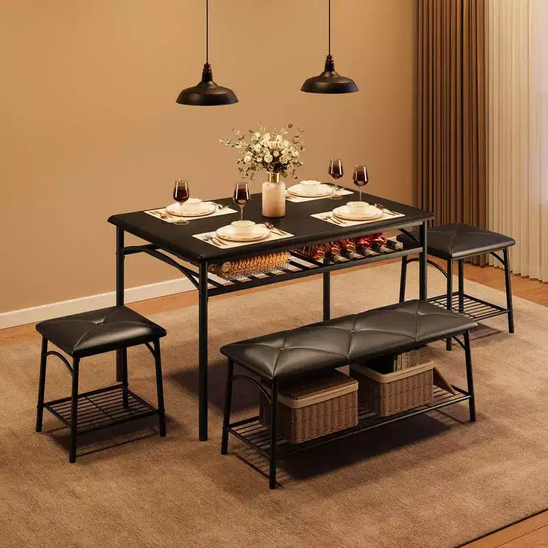 Coolmee Square Dining Table Set for 4, Wood Tabletop Kitchen Table with 2 Upholstered Chairs and a Bench, Rustic Dinner Table Set with Storage