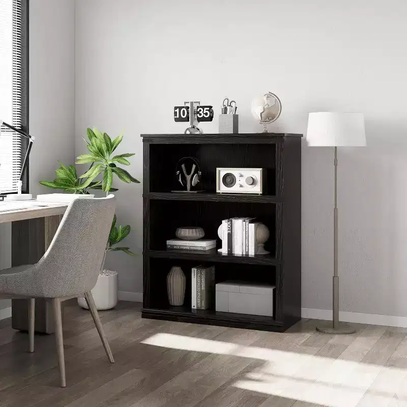 Farmhouse 3-Tier Bookcase: Low Wooden Shelf with Open Storage for Living Room, Home Office, or Bedroom Display & Organization.