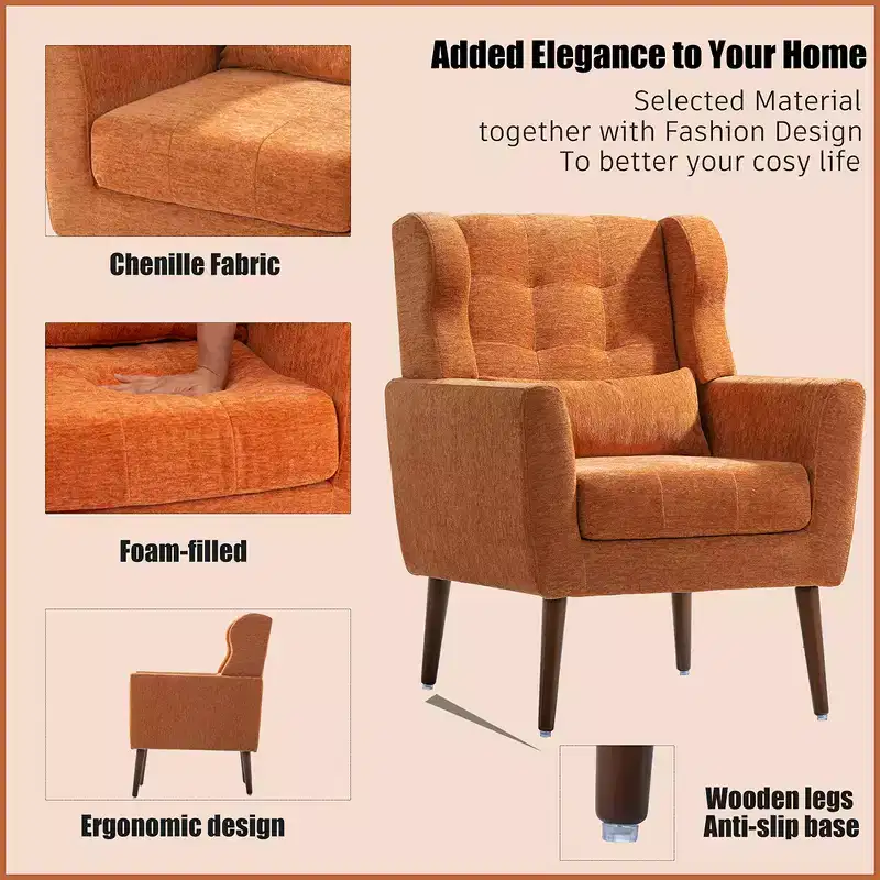 37.6 Tall Modern Accent Chair, Upholstered Foam Filled Reading Chairs With Cushion And High Backrest, Chenille Fabric Lounge Tufted Armchair