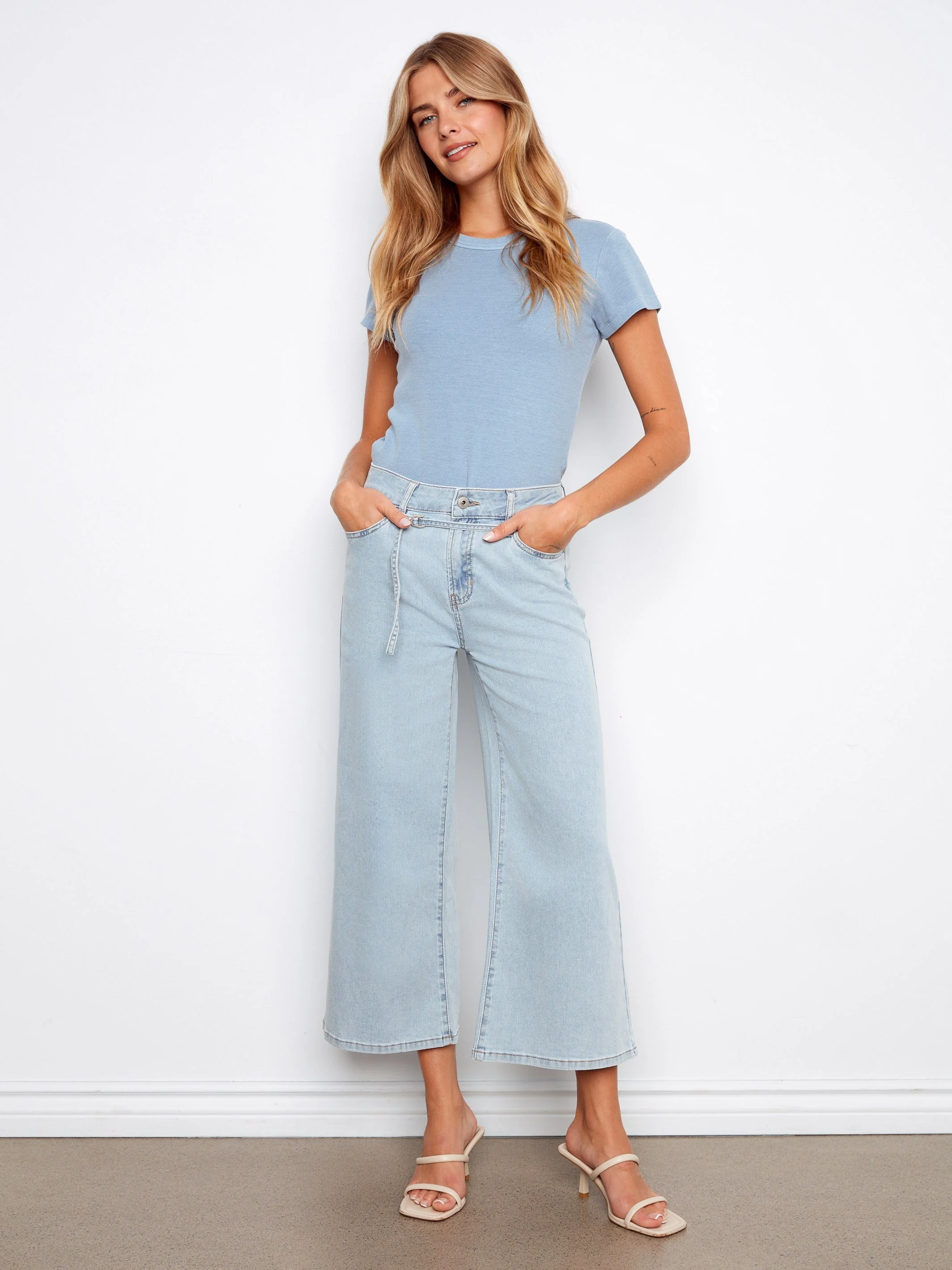 Belted Cropped Wide Leg Jeans - Bleach Blue