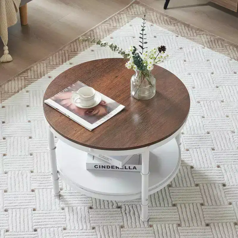 Vintage Brown Round Farmhouse Coffee Table, 2-Tier Storage