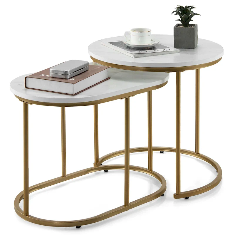 Modern Marble-Look Nesting Coffee Table Set of 2 – Round Side Tables for Living Room