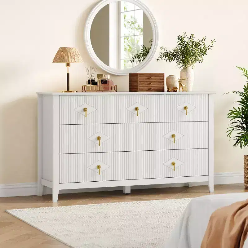 54 Wide Modern Fluted Chest of Drawers, 7 Drawers Wooden Dresser with Metal Handle, Storage Organizer for Bedroom, Living Room & Hallway